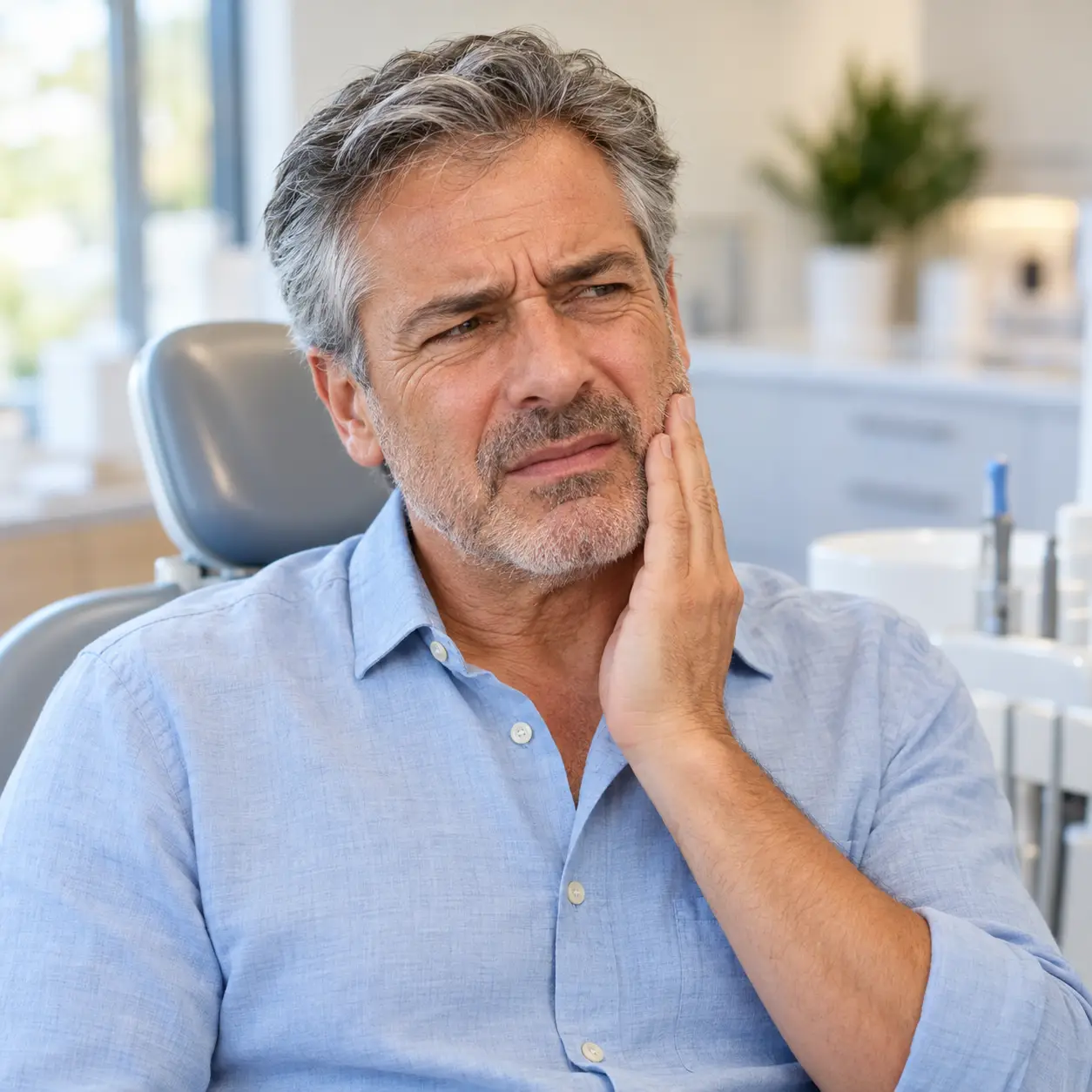 Man in his 50s holding his jaw in discomfort from tooth pain.