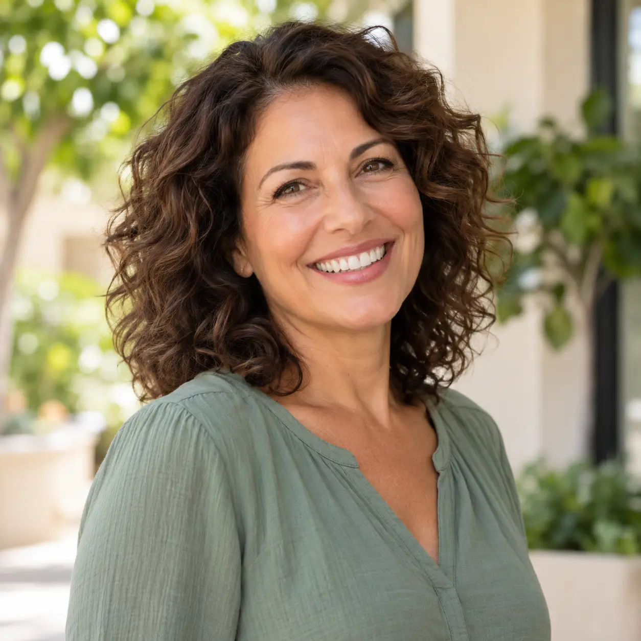 Smiling woman with curly brown hair wearing a sage green blouse outdoors