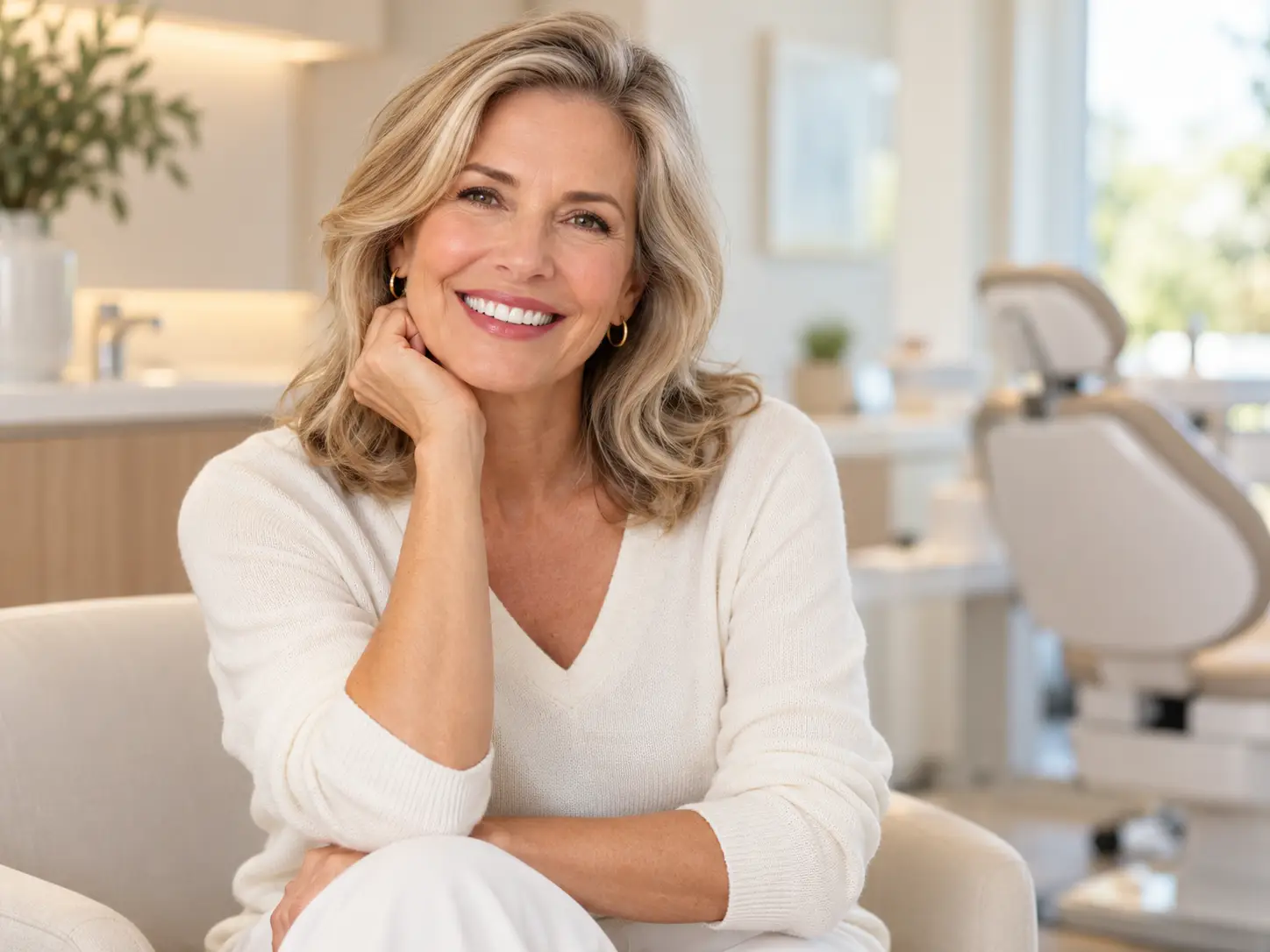 Beautiful smiling woman over 50 showing natural-looking veneers in a modern dental setting